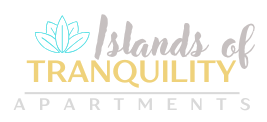 A logo for "Islands of Tranquility Apartments" featuring a stylized lotus flower.